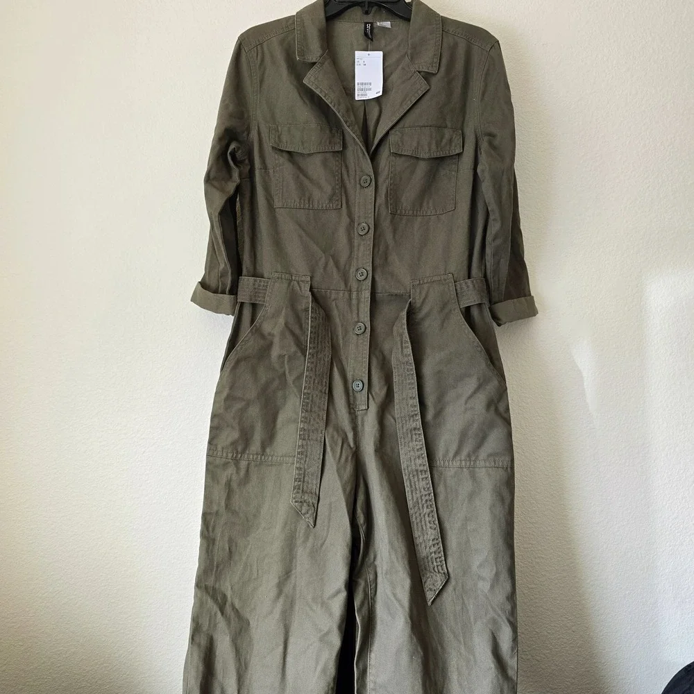 NWT H&M Coverall‎ Utility Jumpsuit Women Sz 6 Cotton Olive Green Barn Chore Work